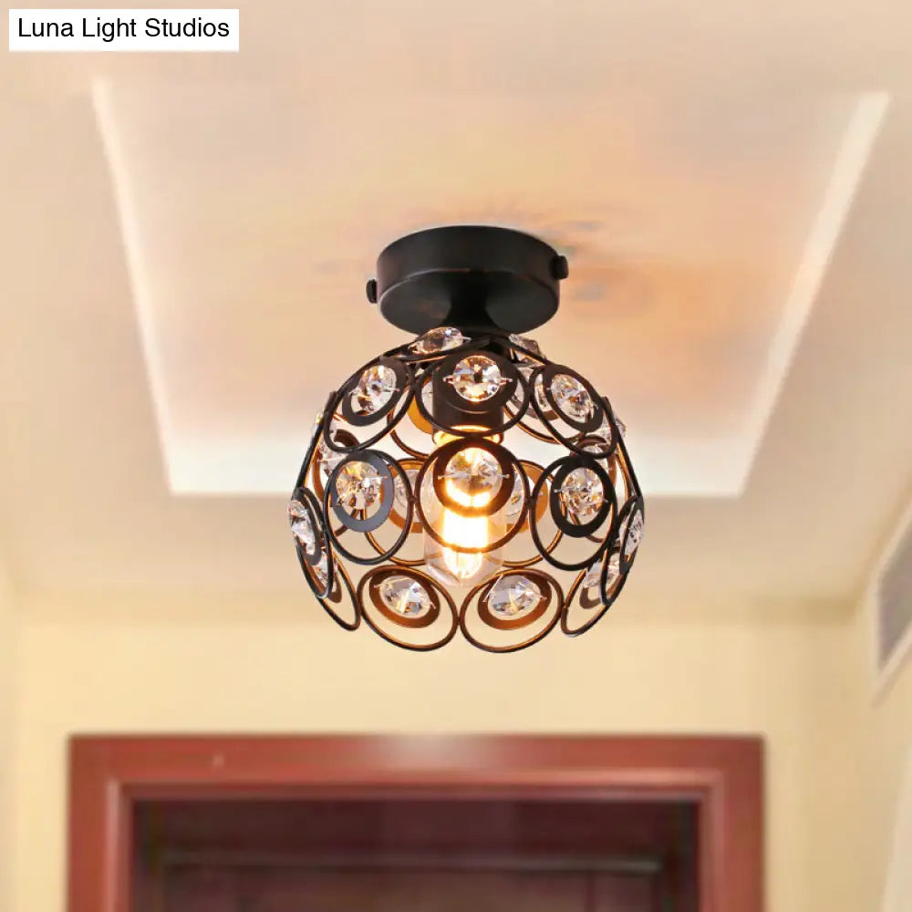 Modern Black Metal Semi Flush Pendant Light With Clear Crystal Deco - Dome Shade Ceiling Mounted