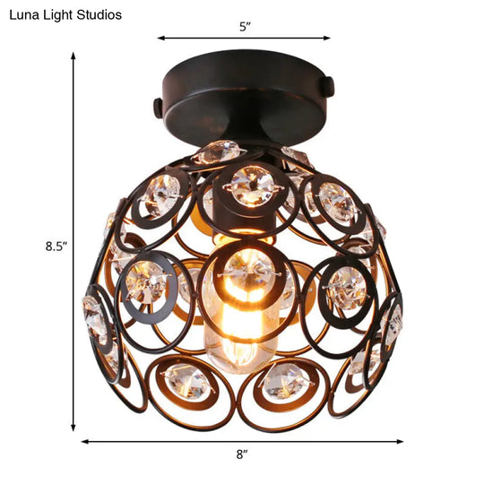 Modern Black Metal Semi Flush Pendant Light With Clear Crystal Deco - Dome Shade Ceiling Mounted