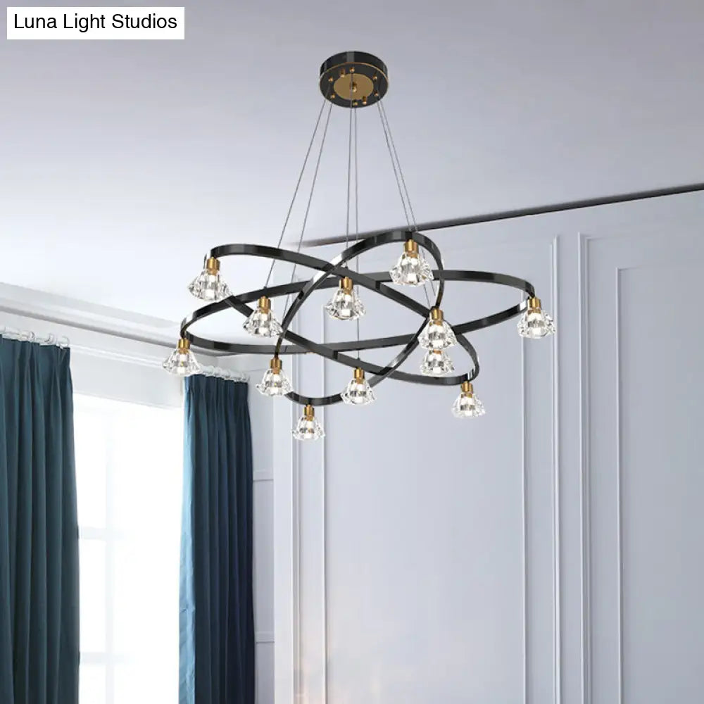 Modern Black Metal Star Chandelier Lamp With Diamond Crystal Shade - 12 Bulb Hanging Light