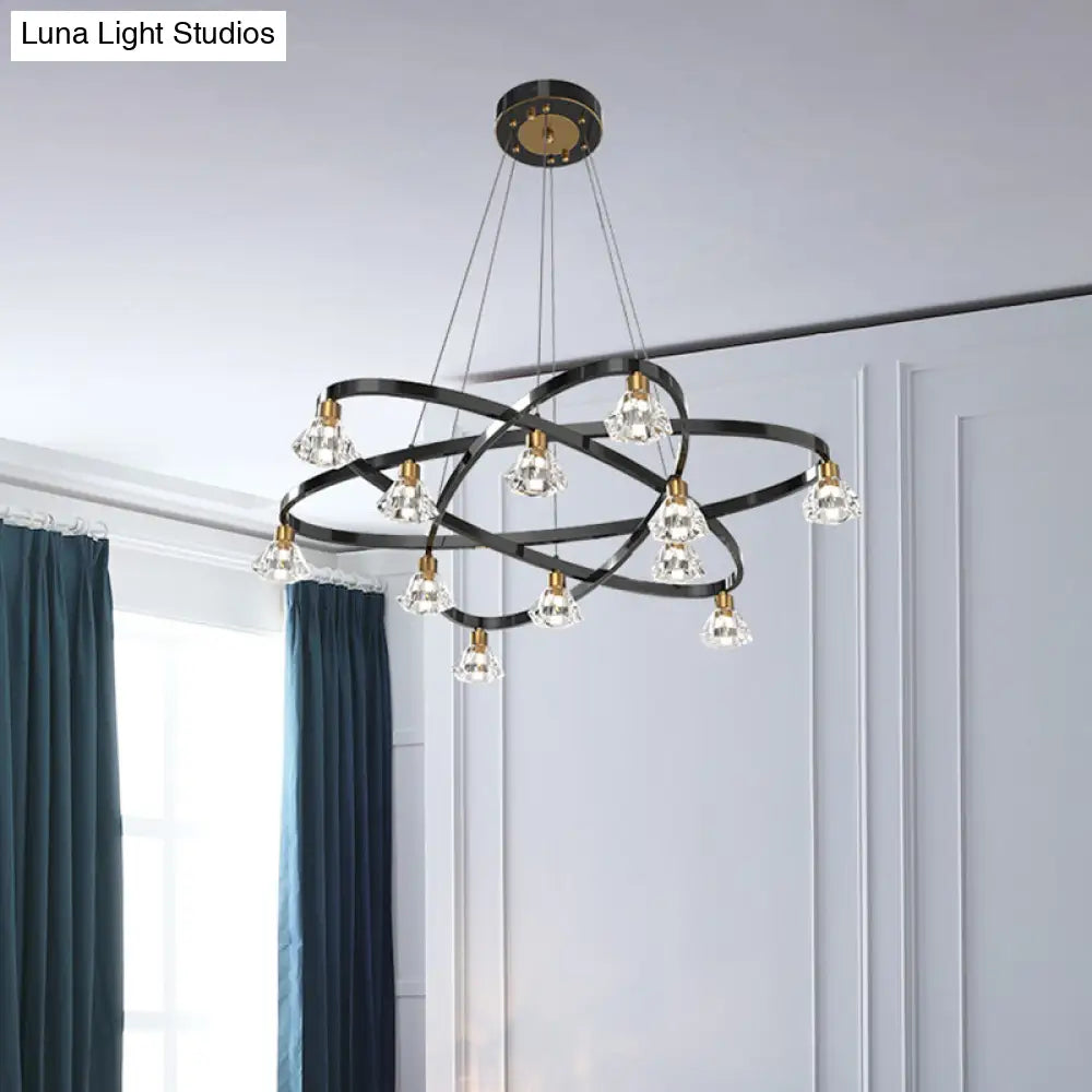 Modern Black Metal Star Chandelier Lamp With Clear Crystal Diamond Shade - 12 Bulbs Hanging Light