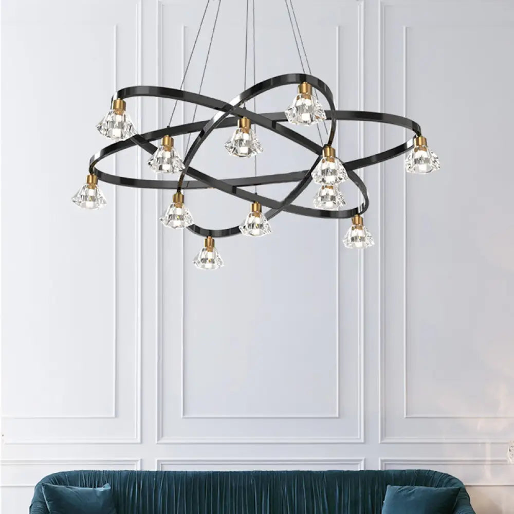 Modern Black Metal Star Chandelier Lamp With Clear Crystal Diamond Shade - 12 Bulbs Hanging Light