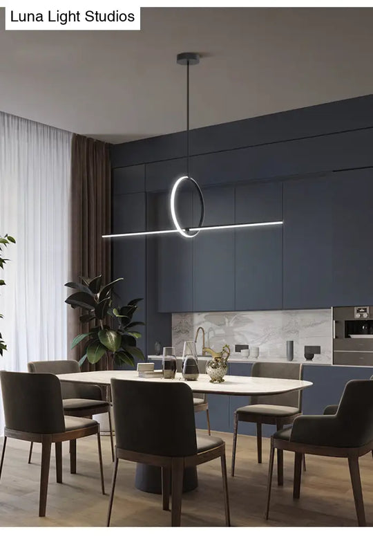 Modern Black Metal Stick And Ring Led Pendant Lamp For Dining Room Island