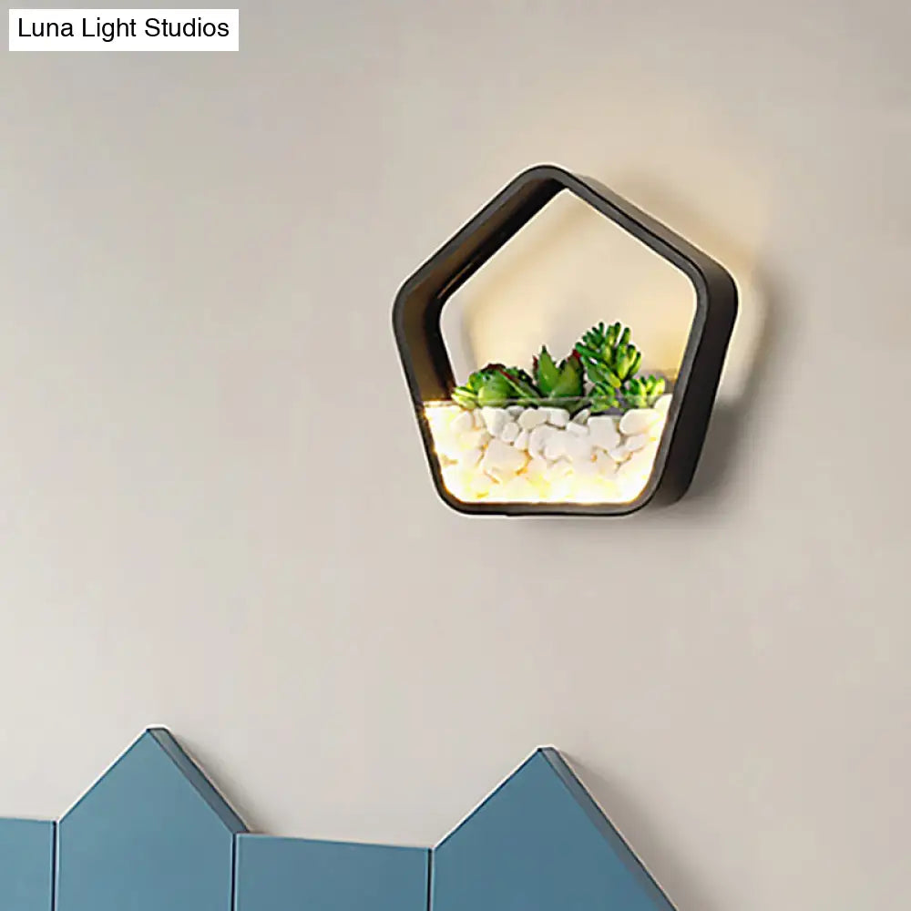 Modern Black Metal Stone Sconce Light With Fake Succulent For Bedroom