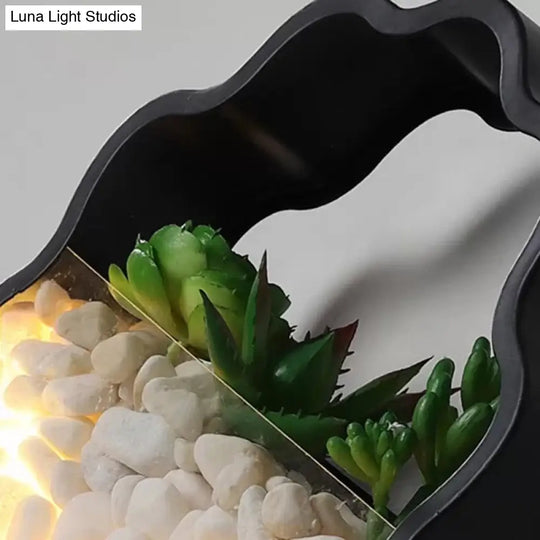 Modern Black Metal Stone Sconce Light With Fake Succulent For Bedroom