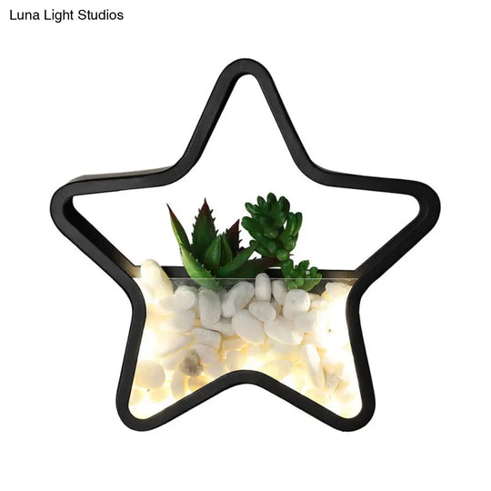 Modern Black Metal Stone Sconce Light With Fake Succulent For Bedroom