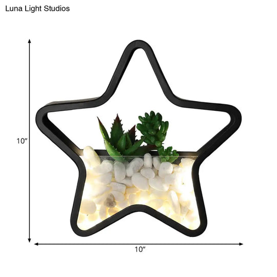 Modern Black Metal Stone Sconce Light With Fake Succulent For Bedroom