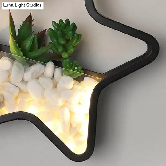 Modern Black Metal Stone Sconce Light With Fake Succulent For Bedroom