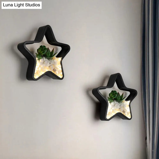 Modern Black Metal Stone Sconce Light With Fake Succulent For Bedroom