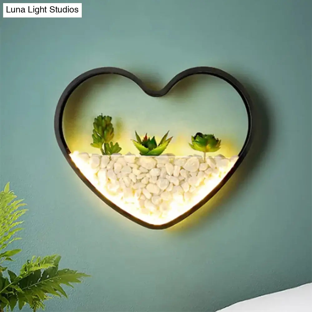 Modern Black Metal Stone Sconce Light With Fake Succulent For Bedroom