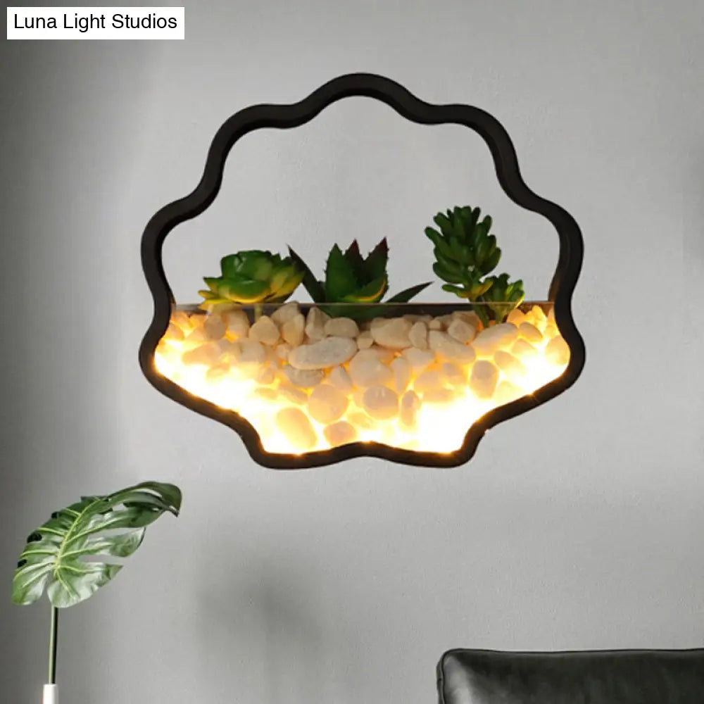 Modern Black Metal Stone Sconce Light With Fake Succulent For Bedroom