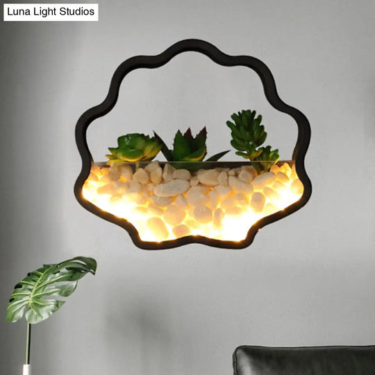 Modern Black Metal Stone Sconce Light With Fake Succulent For Bedroom