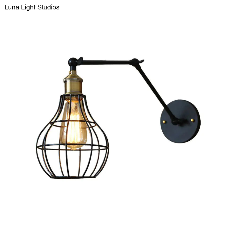 Modern Black Metal Wall Sconce With Adjustable Arm And Cage Shade - Retro Style Lighting 1 Light