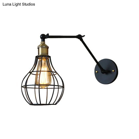 Modern Black Metal Wall Sconce With Adjustable Arm And Cage Shade - Retro Style Lighting 1 Light