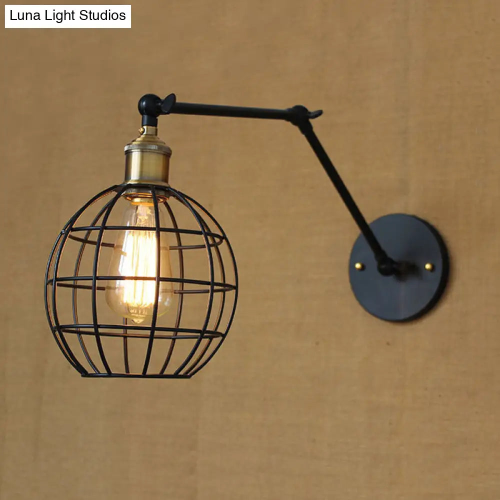 Modern Black Metal Wall Sconce With Adjustable Arm And Cage Shade - Retro Style Lighting 1 Light