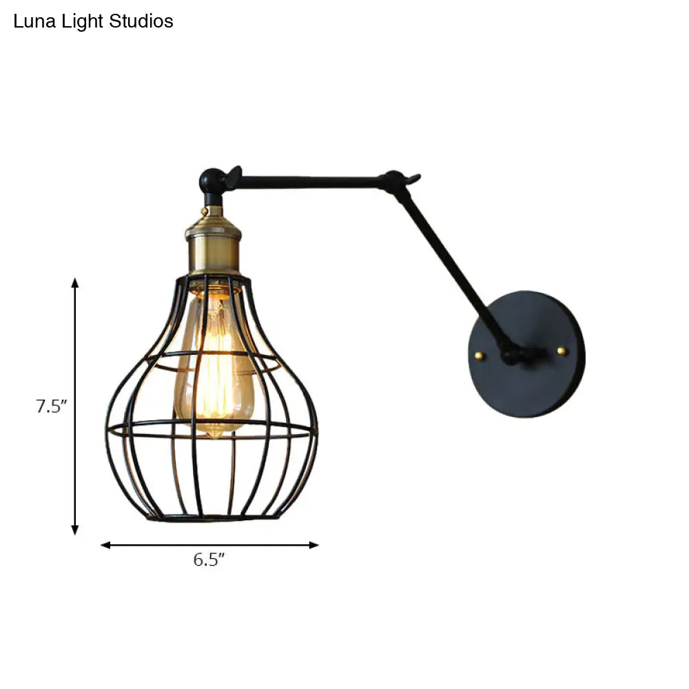 Modern Black Metal Wall Sconce With Adjustable Arm And Cage Shade - Retro Style Lighting 1 Light