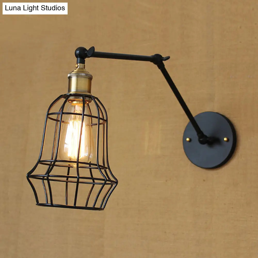 Modern Black Metal Wall Sconce With Adjustable Arm And Cage Shade - Retro Style Lighting 1 Light