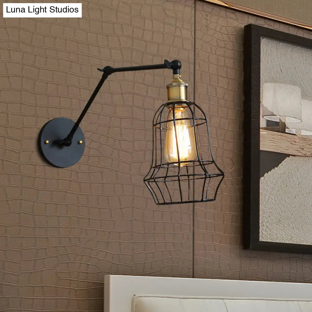 Modern Black Metal Wall Sconce With Adjustable Arm And Cage Shade - Retro Style Lighting 1 Light