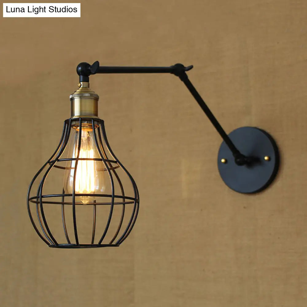 Modern Black Metal Wall Sconce With Adjustable Arm And Cage Shade - Retro Style Lighting 1 Light