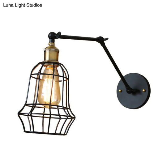 Modern Black Metal Wall Sconce With Adjustable Arm And Cage Shade - Retro Style Lighting 1 Light