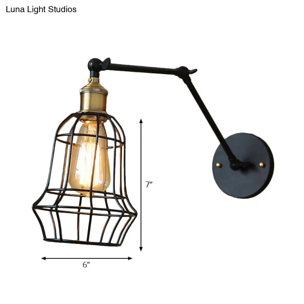 Modern Black Metal Wall Sconce With Adjustable Arm And Cage Shade - Retro Style Lighting 1 Light