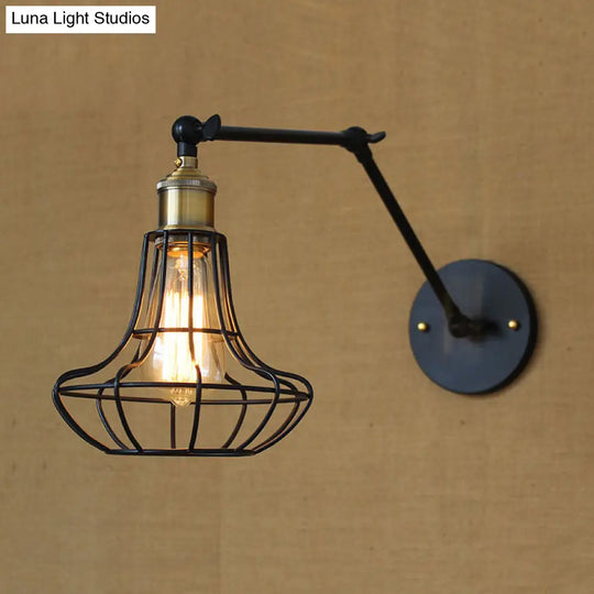 Modern Black Metal Wall Sconce With Adjustable Arm And Cage Shade - Retro Style Lighting 1 Light