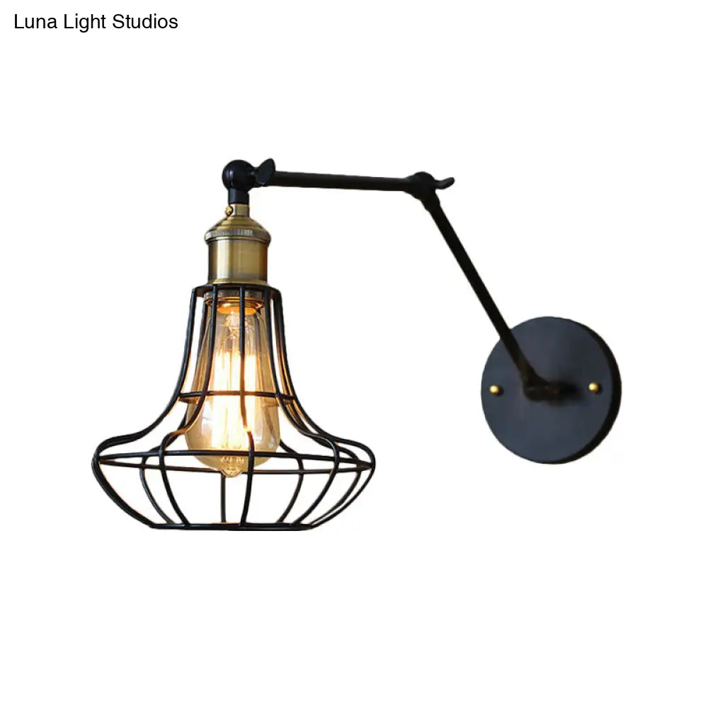 Modern Black Metal Wall Sconce With Adjustable Arm And Cage Shade - Retro Style Lighting 1 Light