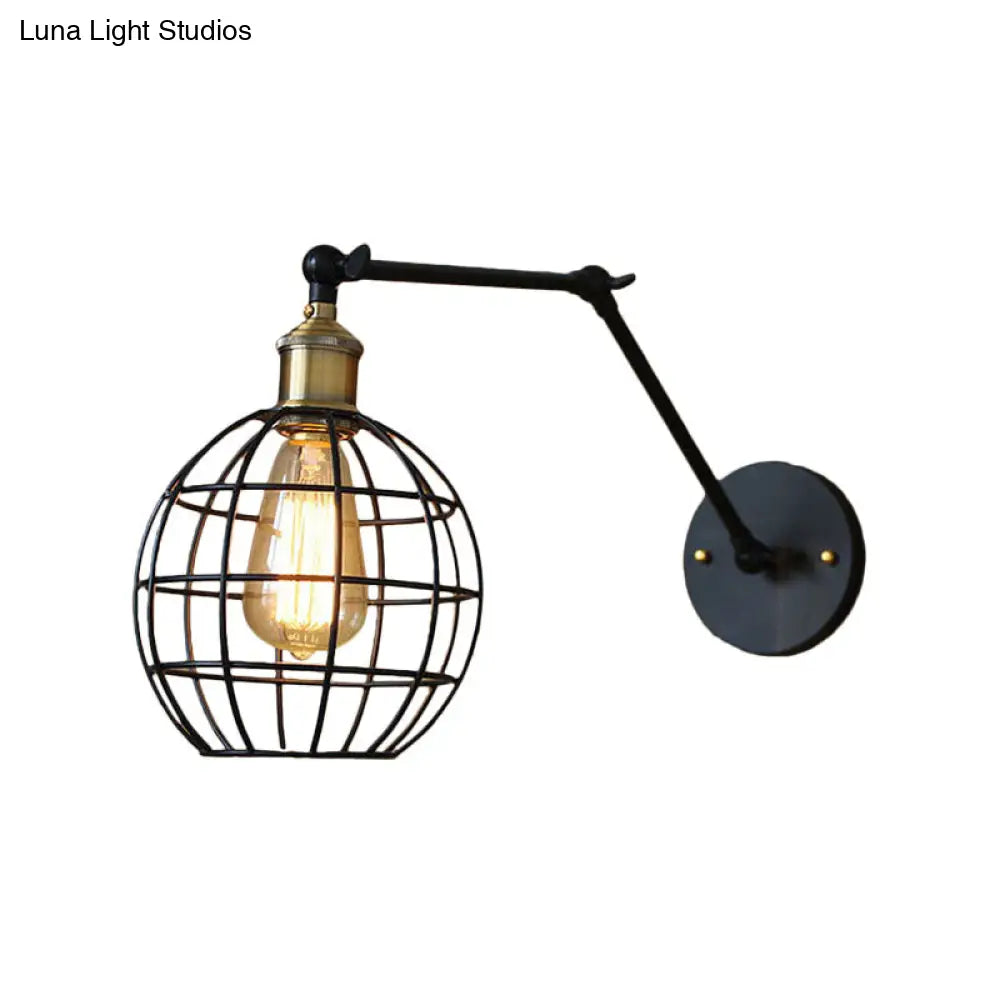 Modern Black Metal Wall Sconce With Adjustable Arm And Cage Shade - Retro Style Lighting 1 Light