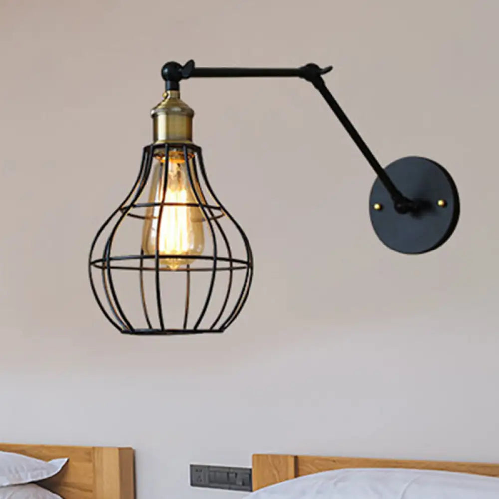 Modern Black Metal Wall Sconce With Adjustable Arm And Cage Shade - Retro Style Lighting 1 Light /