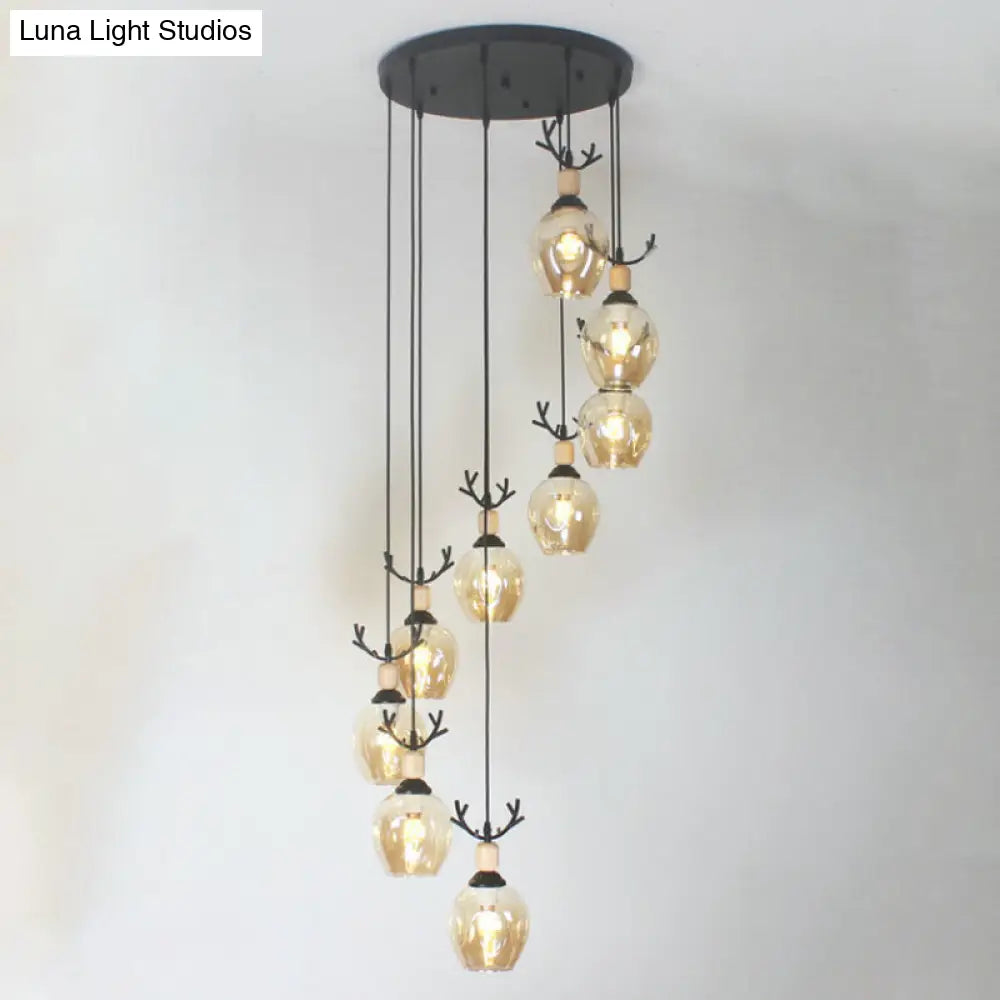 Modern Black Ceiling Lamp: 9-Head Corridor Multi Light Pendant With Dimpled Glass Shades