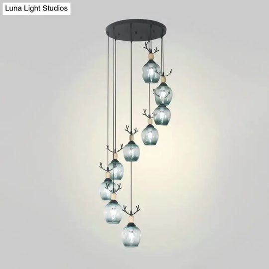 Modern Black Ceiling Lamp: 9-Head Corridor Multi Light Pendant With Dimpled Glass Shades