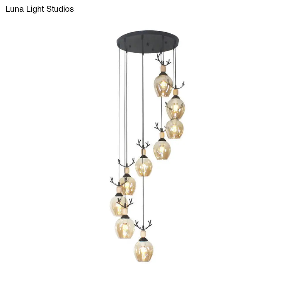 Modern Black Ceiling Lamp: 9-Head Corridor Multi Light Pendant With Dimpled Glass Shades