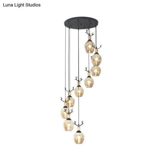 Modern Black Ceiling Lamp: 9-Head Corridor Multi Light Pendant With Dimpled Glass Shades