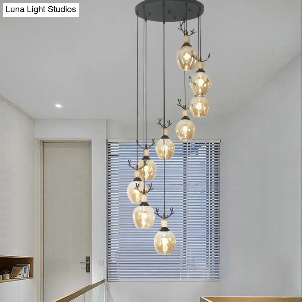 Modern Black Ceiling Lamp: 9-Head Corridor Multi Light Pendant With Dimpled Glass Shades 9 / Cognac