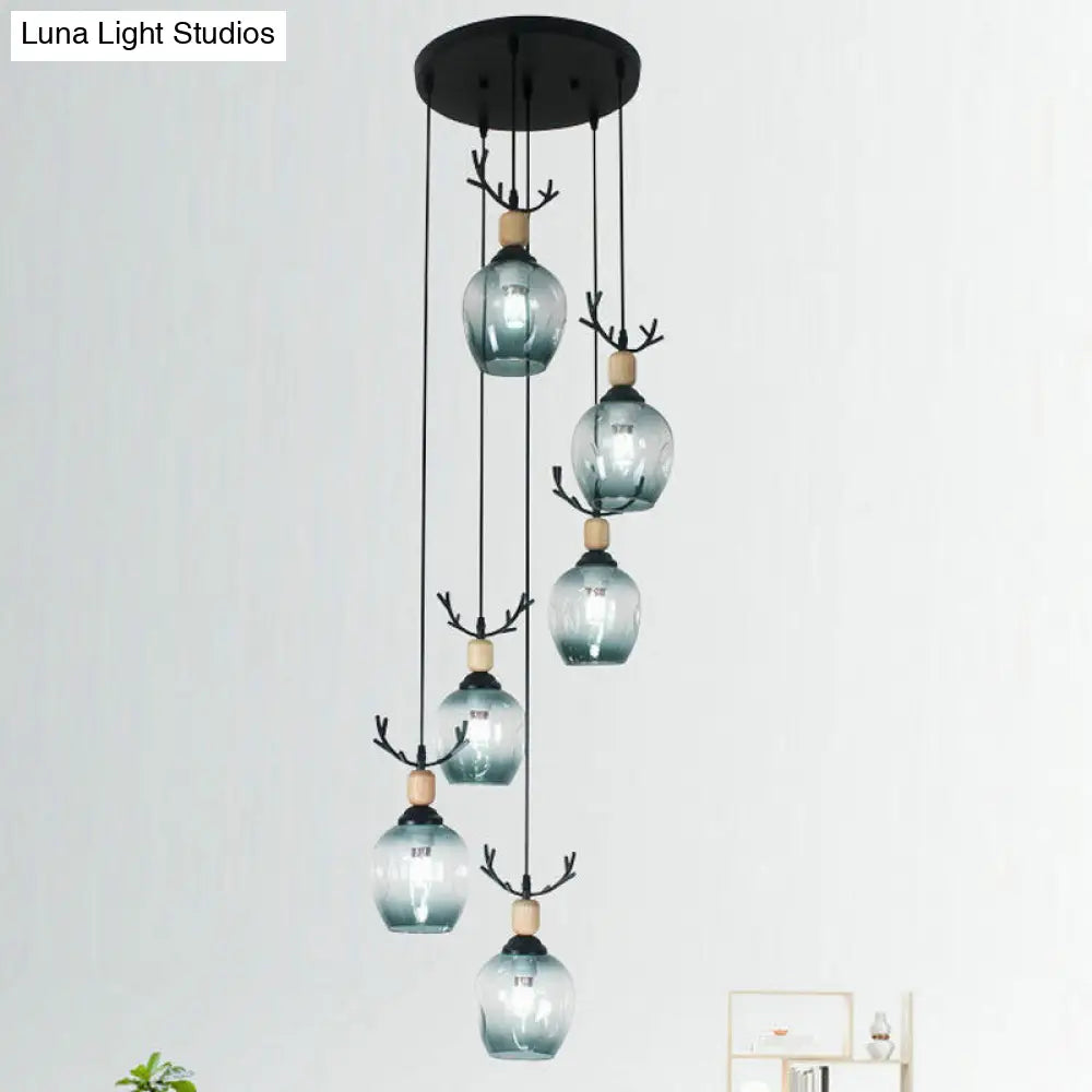 Modern Black Ceiling Lamp: 9-Head Corridor Multi Light Pendant With Dimpled Glass Shades 9 / Blue B