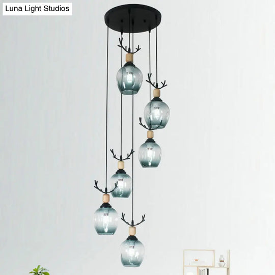 Modern Black Ceiling Lamp: 9-Head Corridor Multi Light Pendant With Dimpled Glass Shades 9 / Blue B