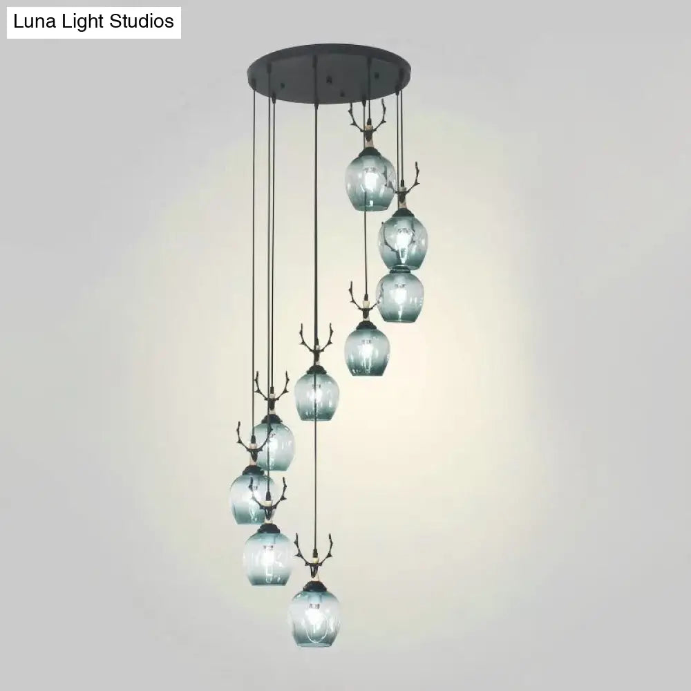 Modern Black Ceiling Lamp: 9-Head Corridor Multi Light Pendant With Dimpled Glass Shades 9 / Blue C