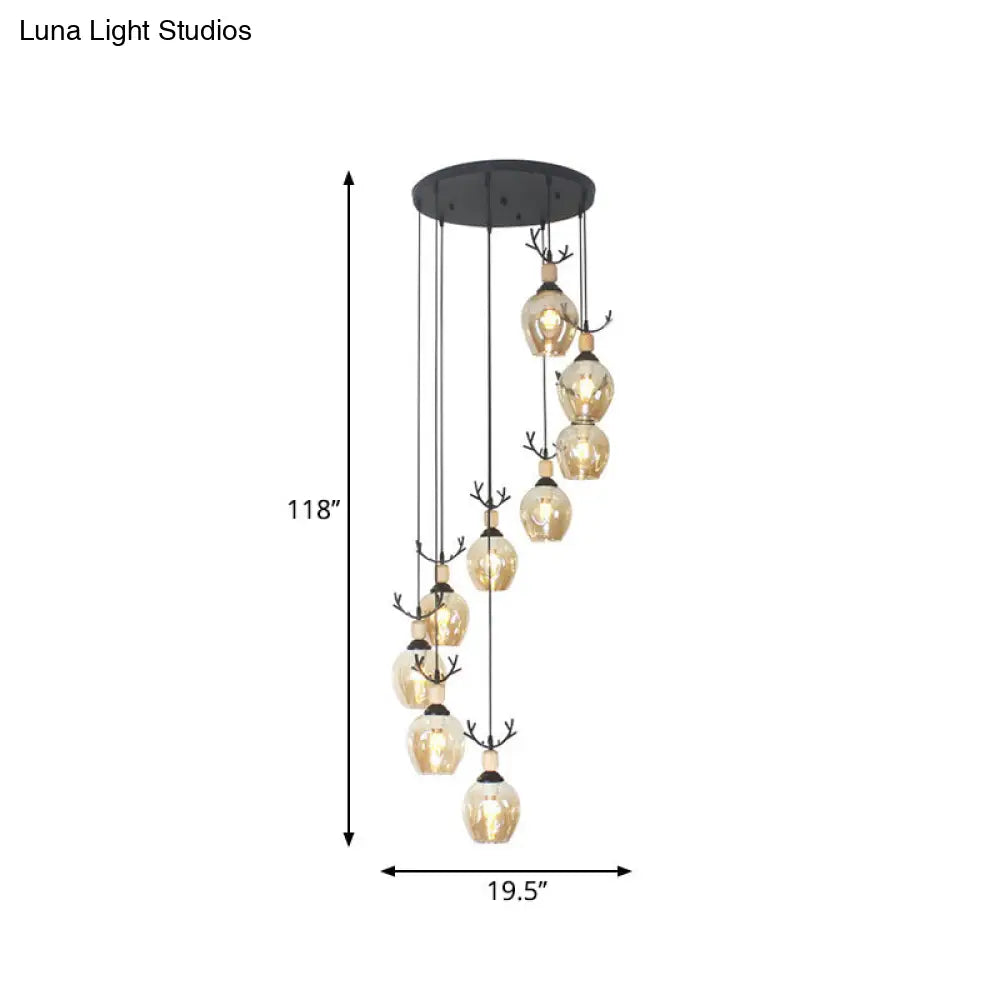 Modern Black Ceiling Lamp: 9-Head Corridor Multi Light Pendant With Dimpled Glass Shades