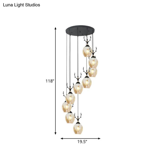 Modern Black Ceiling Lamp: 9-Head Corridor Multi Light Pendant With Dimpled Glass Shades