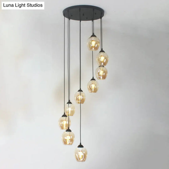 Modern Black Ceiling Lamp: 9-Head Corridor Multi Light Pendant With Dimpled Glass Shades