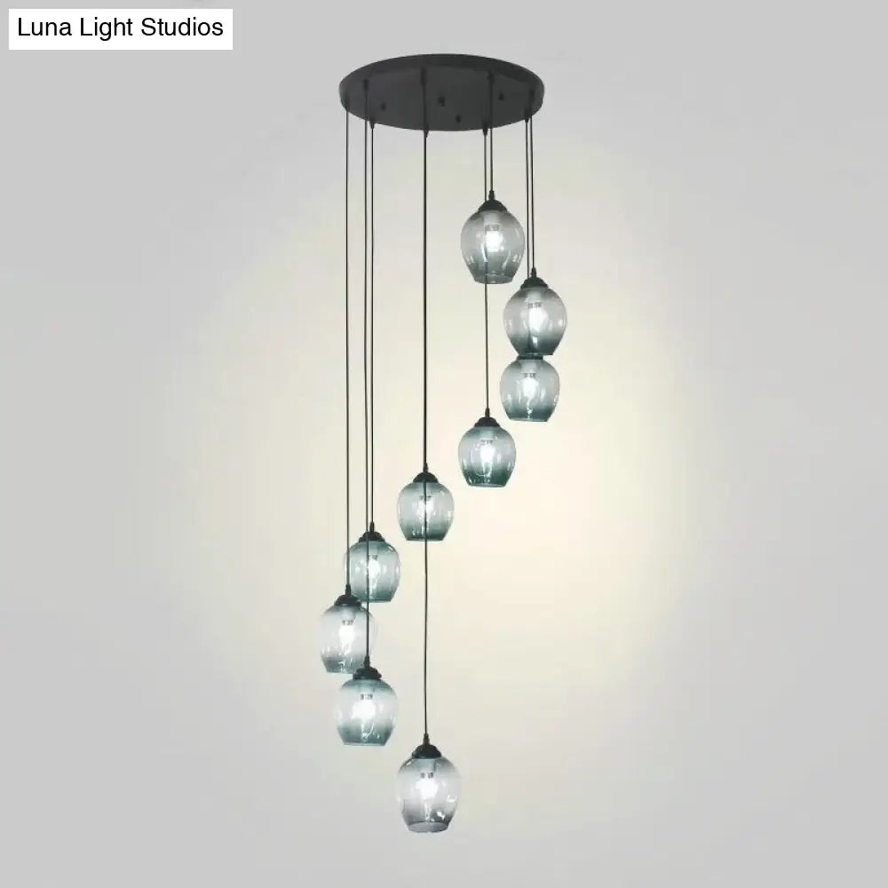 Modern Black Ceiling Lamp: 9-Head Corridor Multi Light Pendant With Dimpled Glass Shades 9 / Blue A