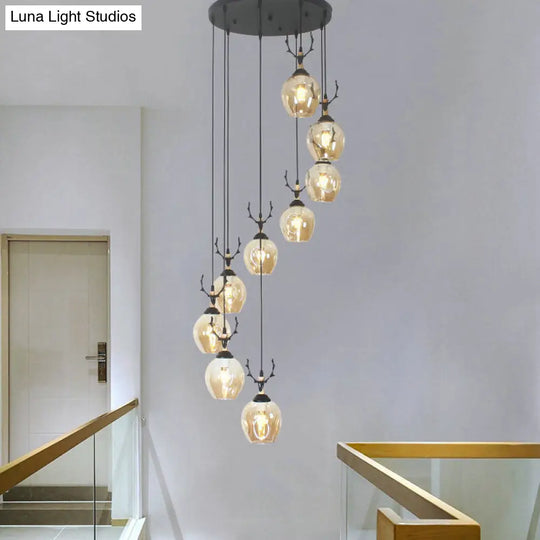 Modern Black Ceiling Lamp: 9-Head Corridor Multi Light Pendant With Dimpled Glass Shades 9 / Cognac