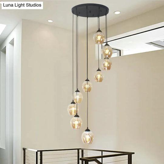 Modern Black Ceiling Lamp: 9-Head Corridor Multi Light Pendant With Dimpled Glass Shades 9 / Cognac