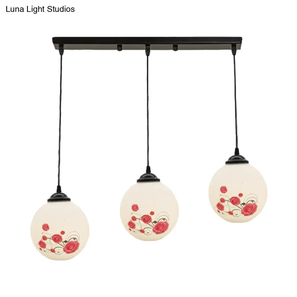 Modern Black Multi-Pendant Hanging Light Kit With Flower Pattern And Frosted Glass