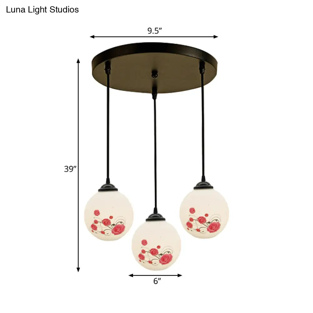 Modern Black Multi-Pendant Hanging Light Kit With Flower Pattern And Frosted Glass