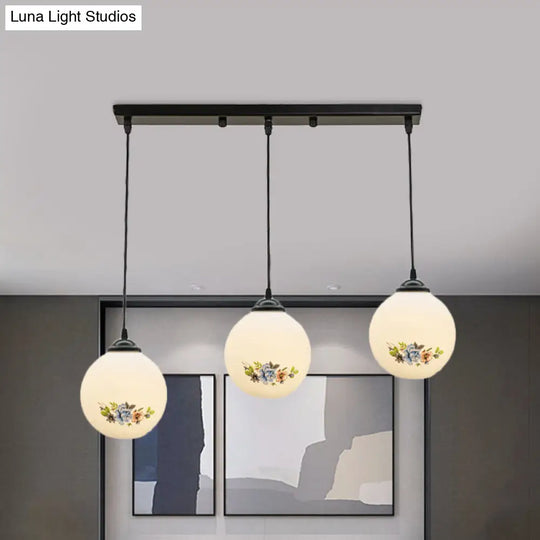 Modern Black Multi-Pendant Hanging Light Kit With Flower Pattern And Frosted Glass