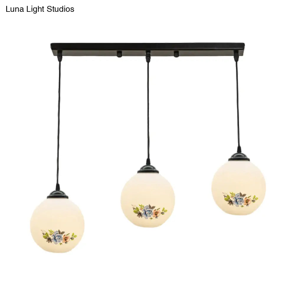 Modern Black Multi-Pendant Hanging Light Kit With Flower Pattern And Frosted Glass