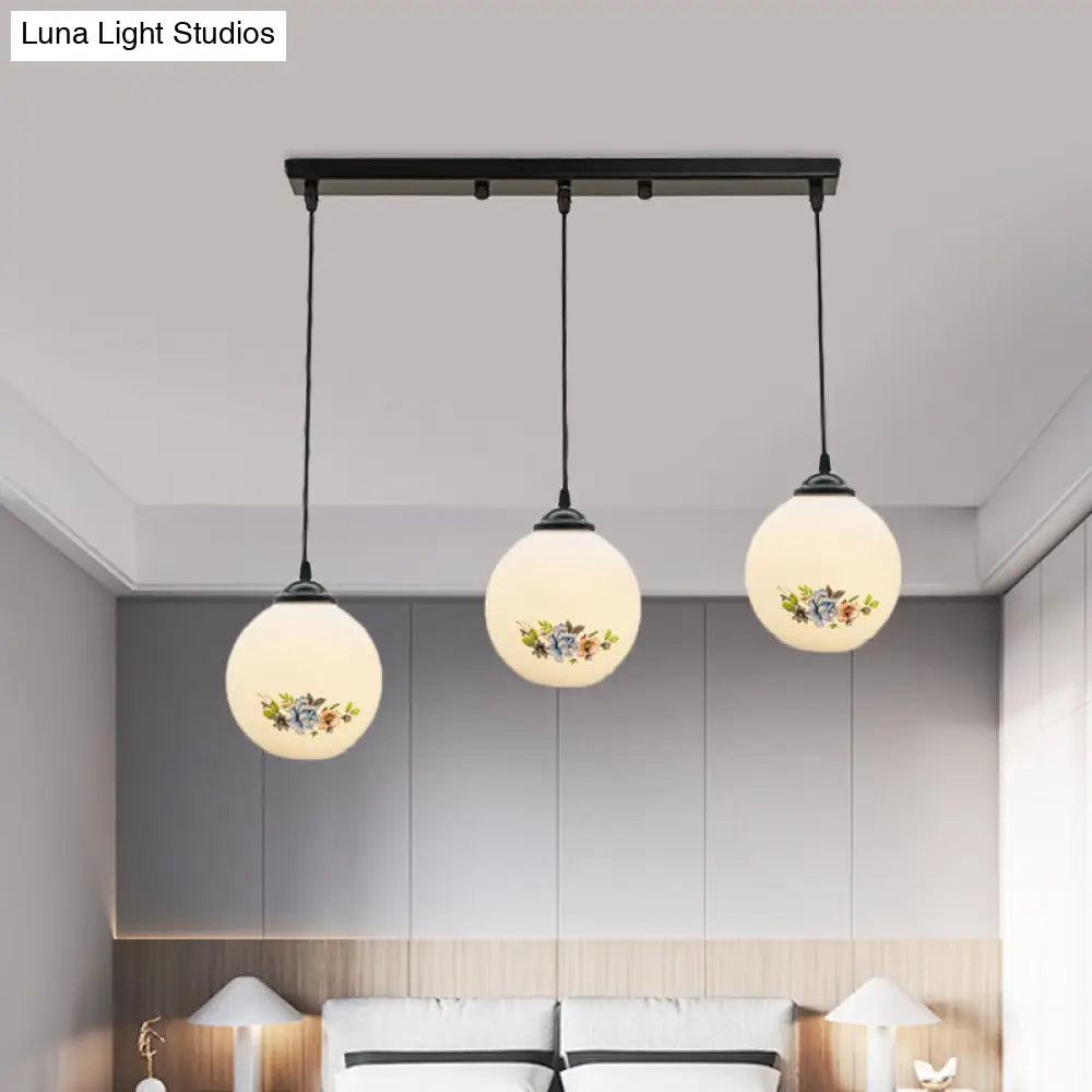 Modern Black Multi-Pendant Hanging Light Kit With Flower Pattern And Frosted Glass