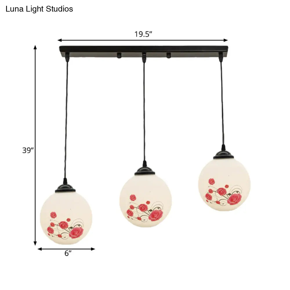 Modern Black Multi-Pendant Hanging Light Kit With Flower Pattern And Frosted Glass