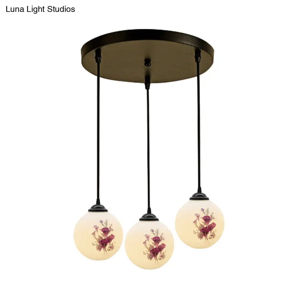 Modern Black Multi-Pendant Hanging Light Kit With Flower Pattern And Frosted Glass