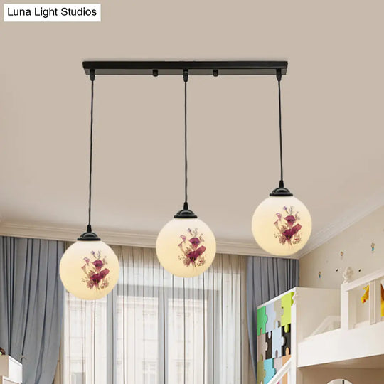 Modern Black Multi-Pendant Hanging Light Kit With Flower Pattern And Frosted Glass